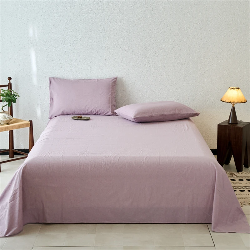 Simple Soft Plain Dyed 100% Washed Cotton Kids Baby Grade A Comfortable Flat Sheet Set 3Pcs Solid Color Bed Sheet 2 Pillowcases, 2