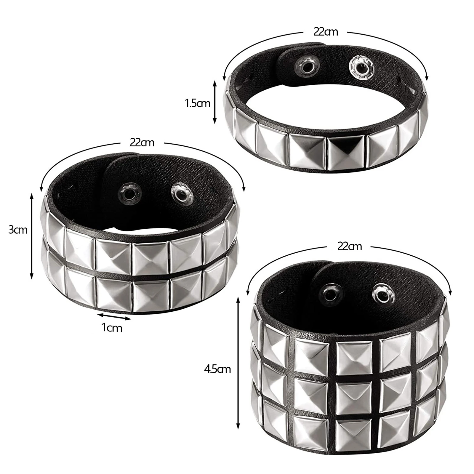 3Pcs Studded Punk Bracelets for Men Women Buckle Cuffs