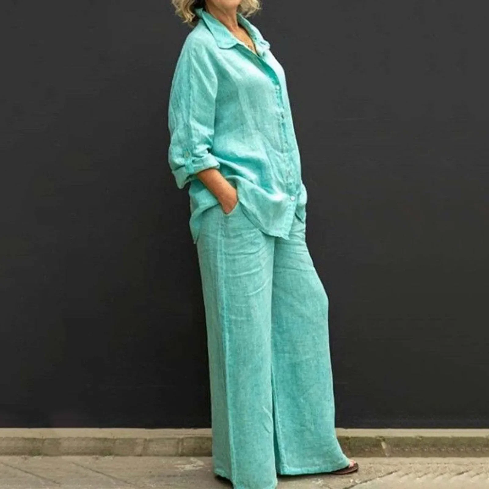 Women Autumn Cotton Lapel Shirt Two Pieces Set Vintage Solid Long Sleeve Button Blouse and Loose Straight Pants Casual Suits