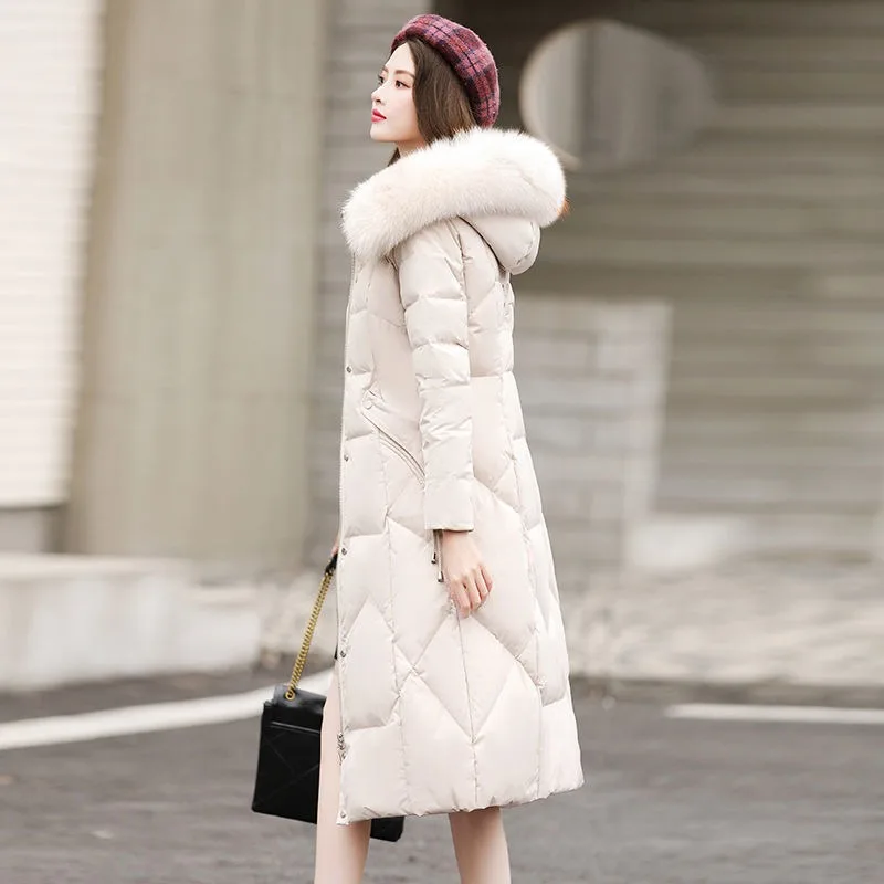 2023 New Women Down Cotton Coat Winter Big Fur Collar Jacket Slimming Parkas Long Outwear Thick Warm Hooded Overcoat
