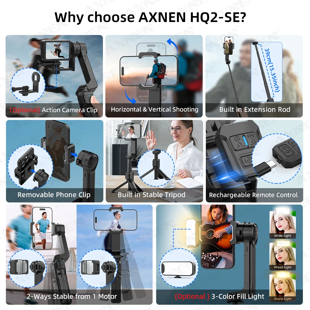 AXNEN HQ2-SE Stabilisateur Smartphone & GoPro 2 Axes avec Lumière