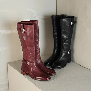 Long Boots Women Genuine Leather Fashion Belt Buckle Thick Heel High Boots Female Cowhide Handmade Riding Knight Boots Female