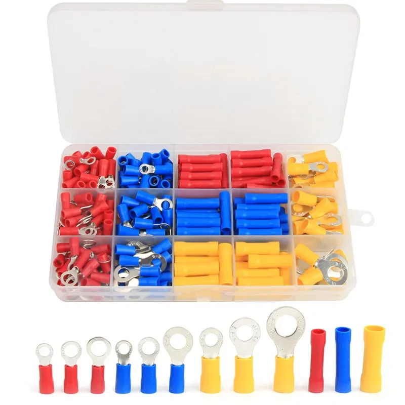 258/236/122PCS 절연 전기 와이어 압착 커넥터 스페이드 버트 링 포크 링 러그 압연 터미널 압착 플라이어 도구 키트