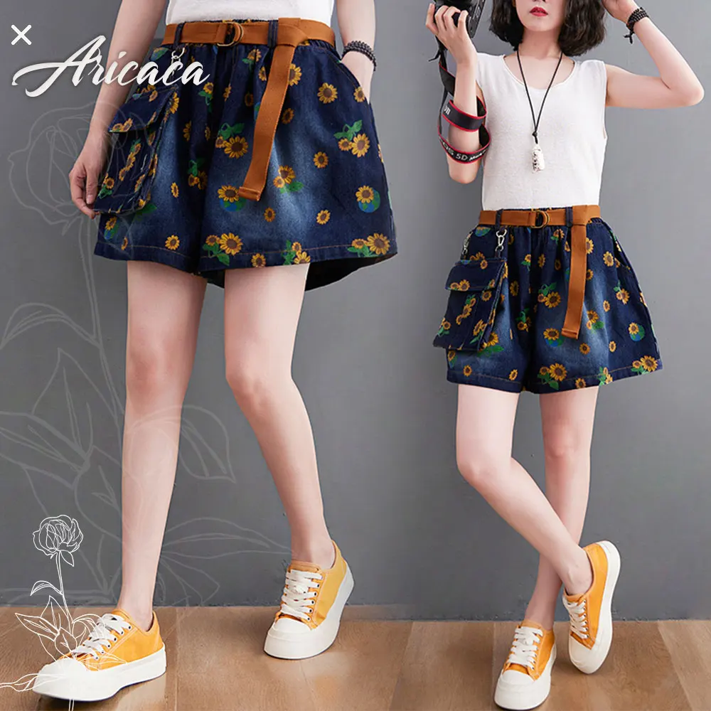 

Aricaca Retro Elastic Waist Denim Shorts Women's Summer New Sunflower Printed Straight Casual Short Pants Summer Shorts