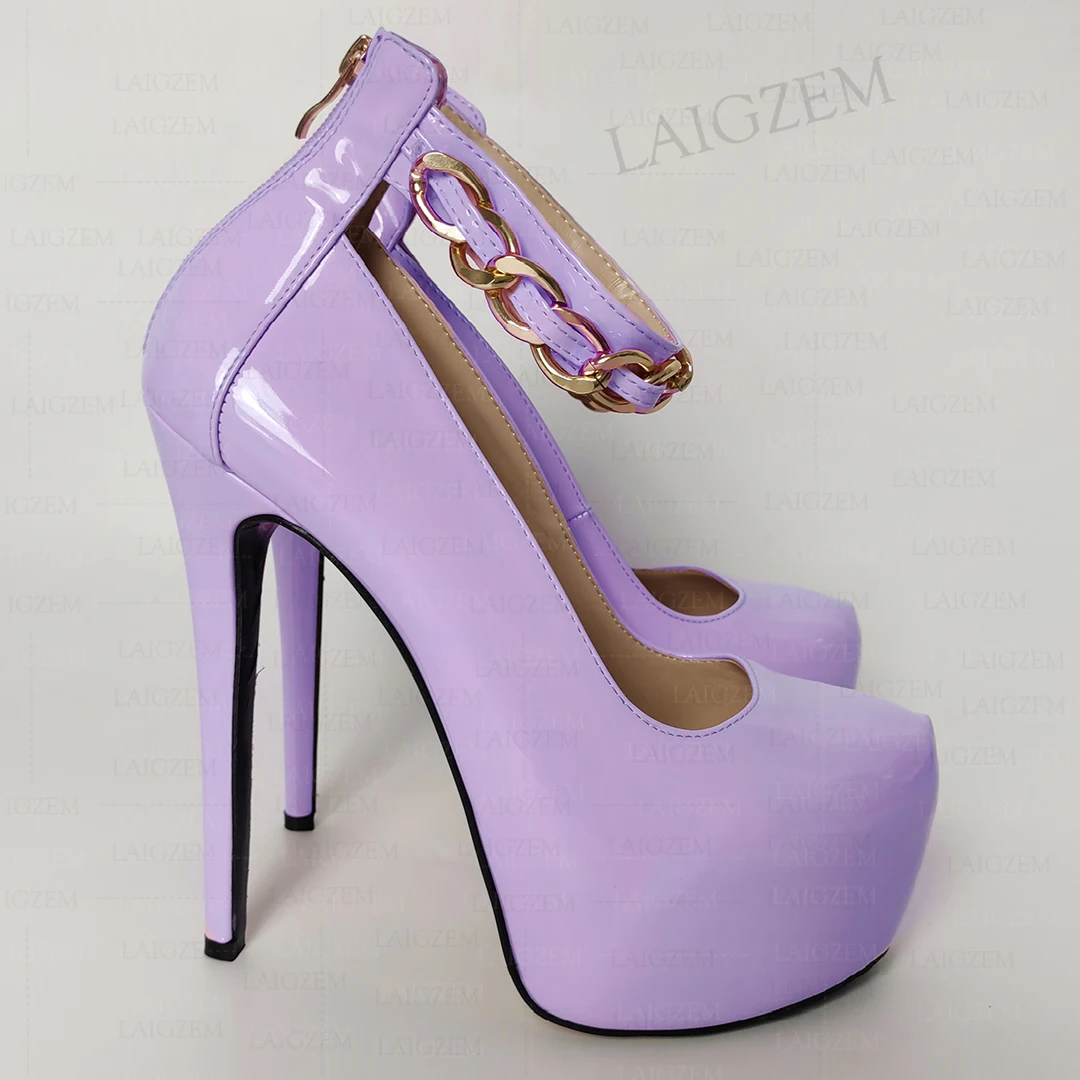 

SEIIHEM Women Platform Pumps Shiny Back Zip Up Chains Thin High Heeled Sandals Handmade Ladies Shoes Woman Big Size 41 42 45 52