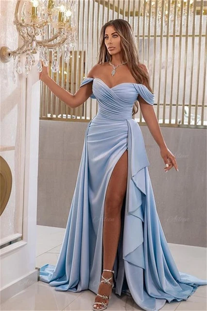 Cetim formal vestidos de ocasião para as mulheres festa de casamento noite  azul vestido de baile cauda removível luxuoso turco vestidos de noite -  AliExpress
