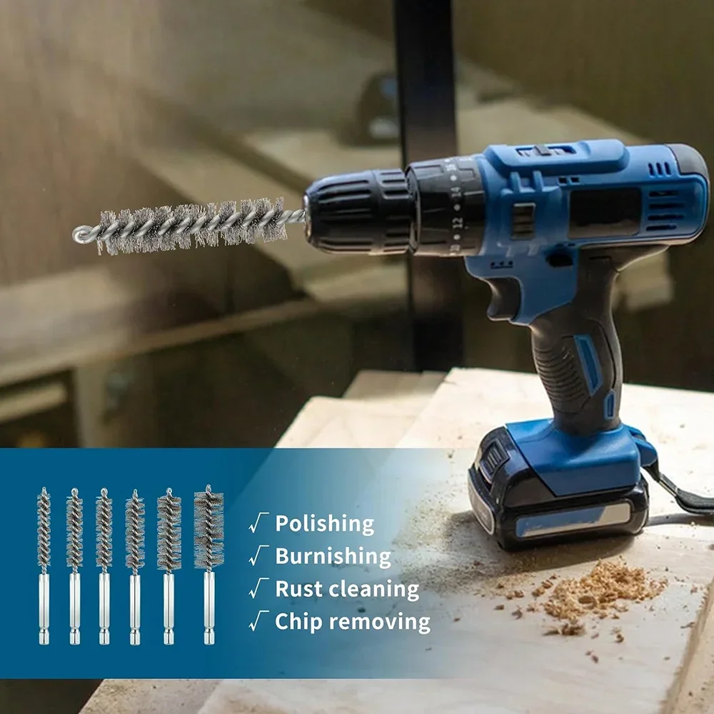 6 Pcs Stainless Steel Cleaning Brush Set 1/4" Hex Bar Twisted Wire Hole Brush for Power Drill Impact Driver(8/10/12/15/17/19 mm)