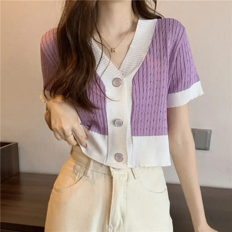 2026 Women's T-shirt V-neck Short Sleeve Knit Summer New Short High-waisted Cardigan Casual Y2k Tops Woman 3