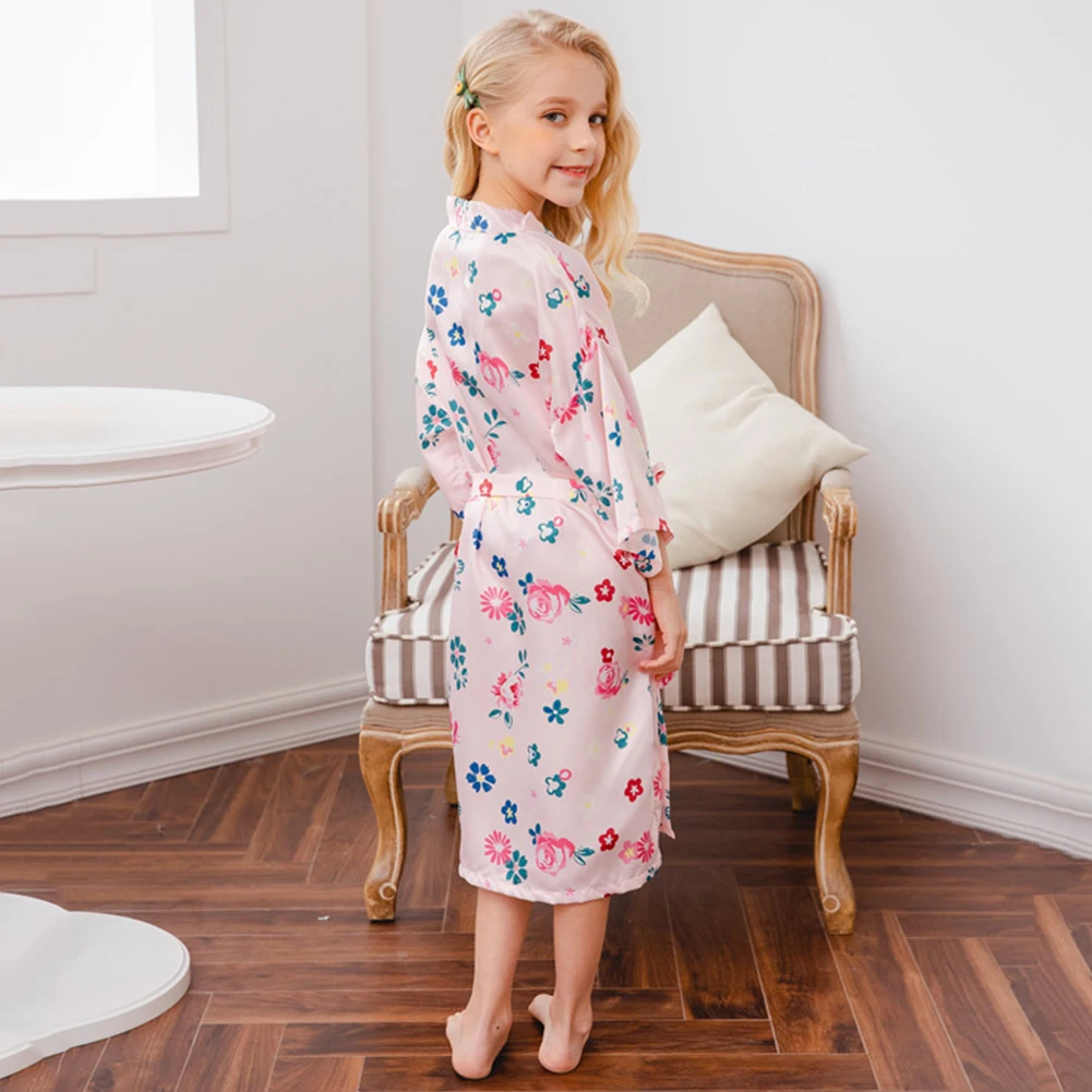 Girls Nightgown with Belt,Satin Silk Kids Bathrobes,Short Sleeve Sleepwear,Children's Kimono,Spa Cape Casual Homewear Pajama