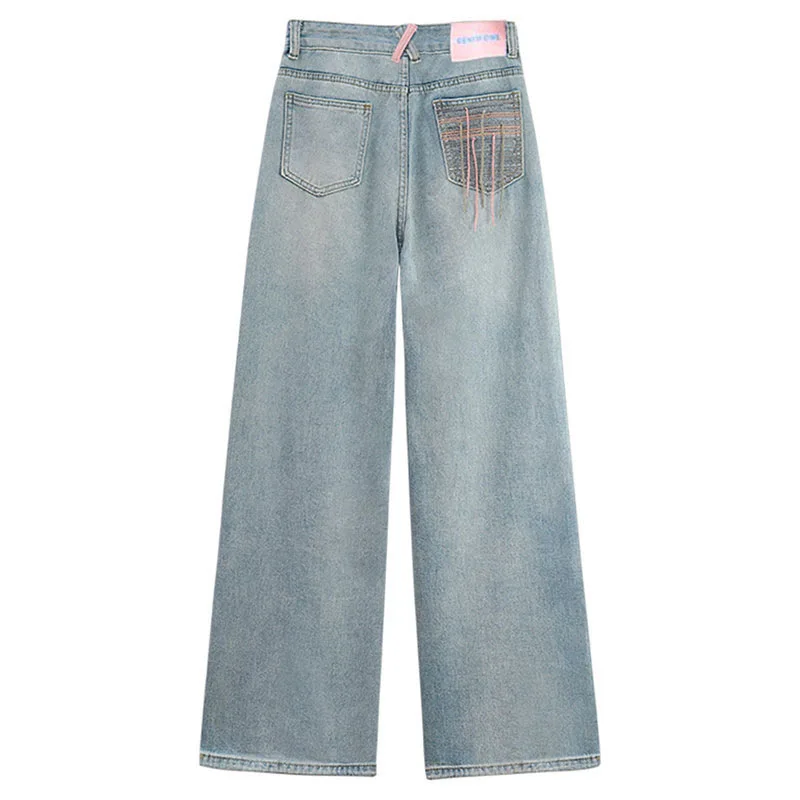 Denim Planet Straight Leg Jeans for Women's High Waisted 2024 Summer New Tassel Sweet Cool Floor Mopping Wide Leg Pants