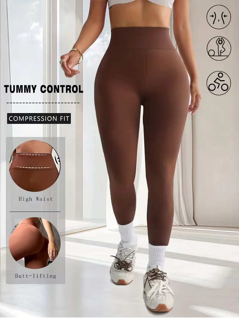 Womens High Waisted Soft Stretch Workout Running Pants 4 Season Versatile Brown Leggings Ideal for Gym Yoga Casual Sweatpants 2