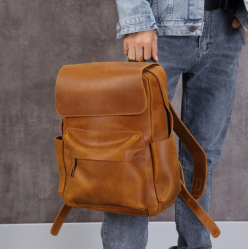 Vintage Crazy Horse Leather Backpack for Men, Large Capacity Laptop Bag