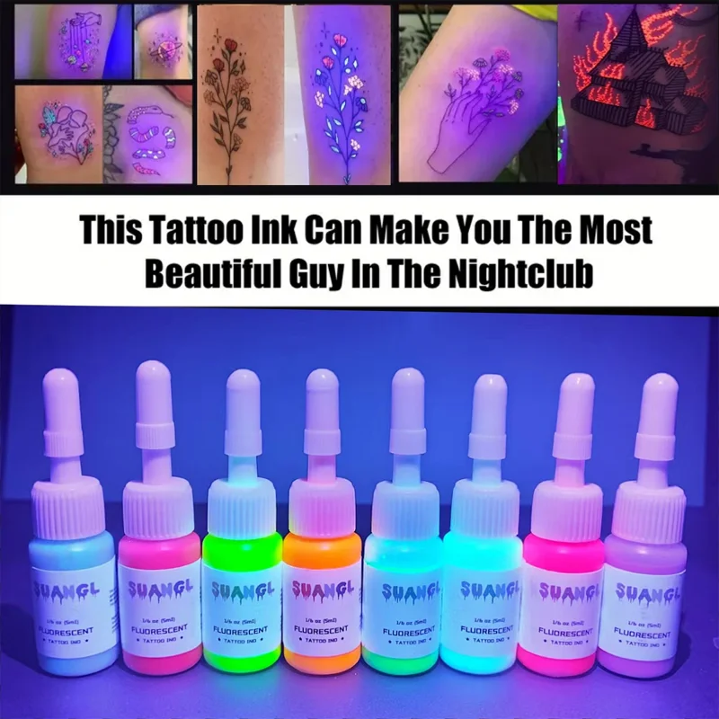 Bottiglie di inchiostro fluorescente per tatuaggi da 0,17 once, 8 colori, set di pigmenti resistenti, non tossici, inodori e delicati sulla pelle, per lavori di tatuaggio artistico sul corpo - immagine 5
