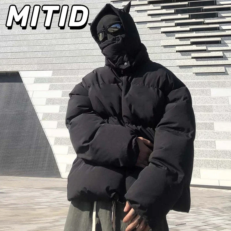 

Парные куртки в стиле хип-хоп для осени и зимы, уличная одежда, пальто с капюшоном и воротником в маске для мужчин и женщин, толстая теплая ветровка, верхняя одежда