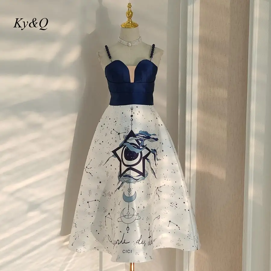 2022 Summer Vietnamese Designer Retro Bead Sling Mesh Stitching Star Print Dress Contrast Color Suspenders A-Line Party Dresses