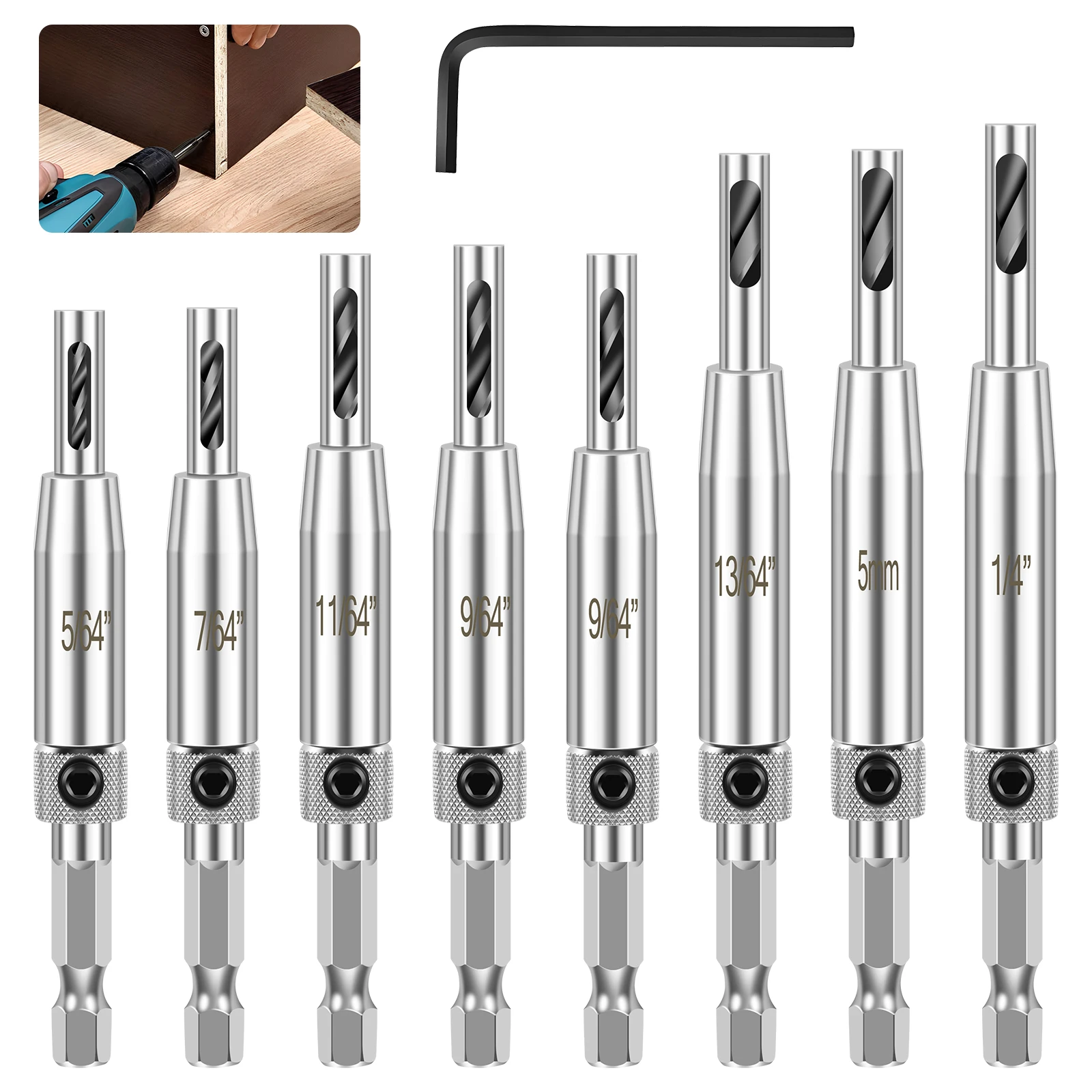 

8Pcs Hinge Drill Bit Set High Speed Steel Self Centering Drill Bit Hex Shank High Precision Hinge Tapper Core Puncher
