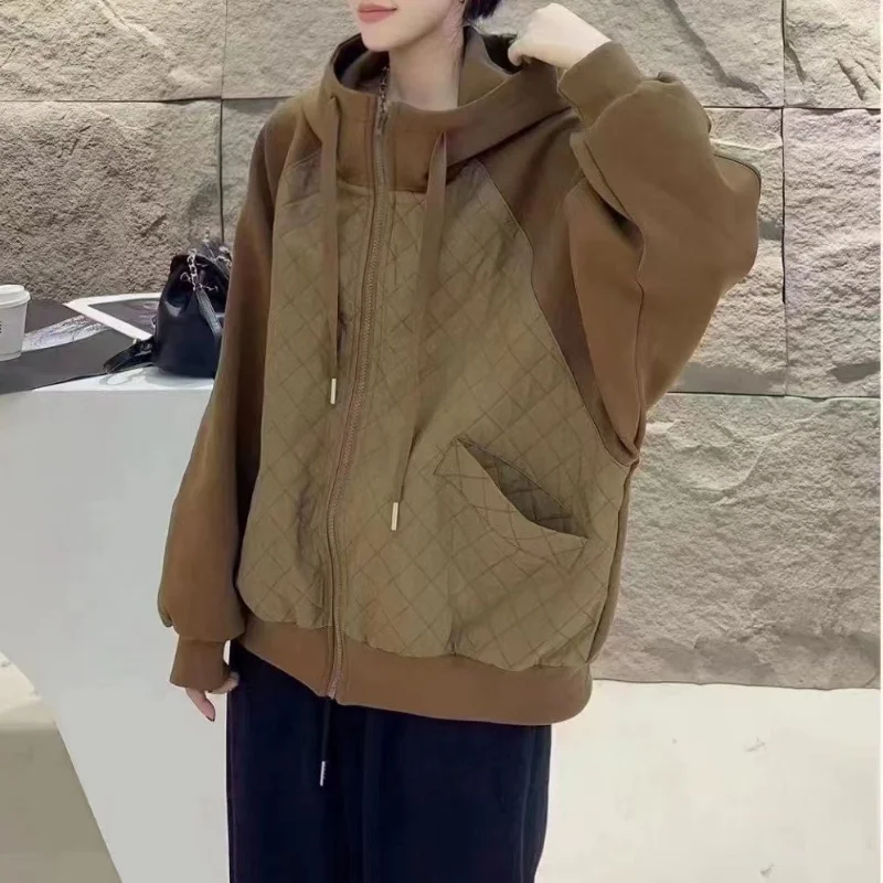 

New Women's Hoodie Autumn Winter Coats Sports Top Bomber Jacket Zipper Loose Stitching Diamond Grid Cardigans