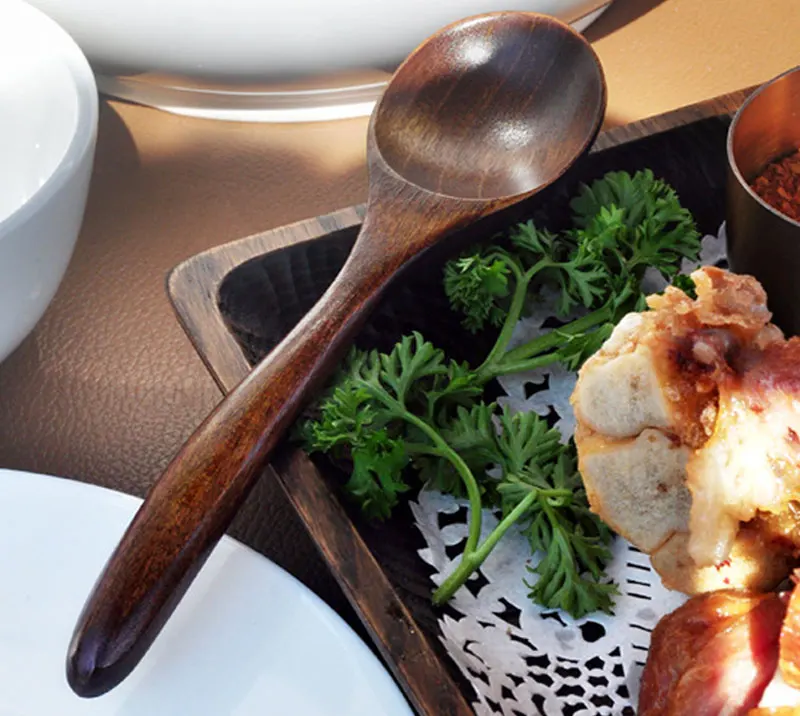 Holz-Suppenlöffel, Küchen- und Barzubehör, aus Holz, für Honig, Kaffee, wiederverwendbar, brauner Griff, zum Essen, Mischen, Rühren, Kochen – Detail 9