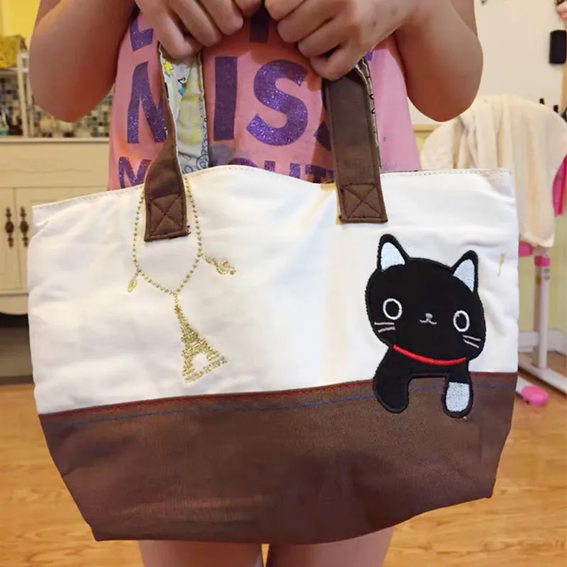 

Женская Холщовая Сумка с изображением кошки кутуситы Nyanko, милая школьная сумка для обеда с мультяшным аниме