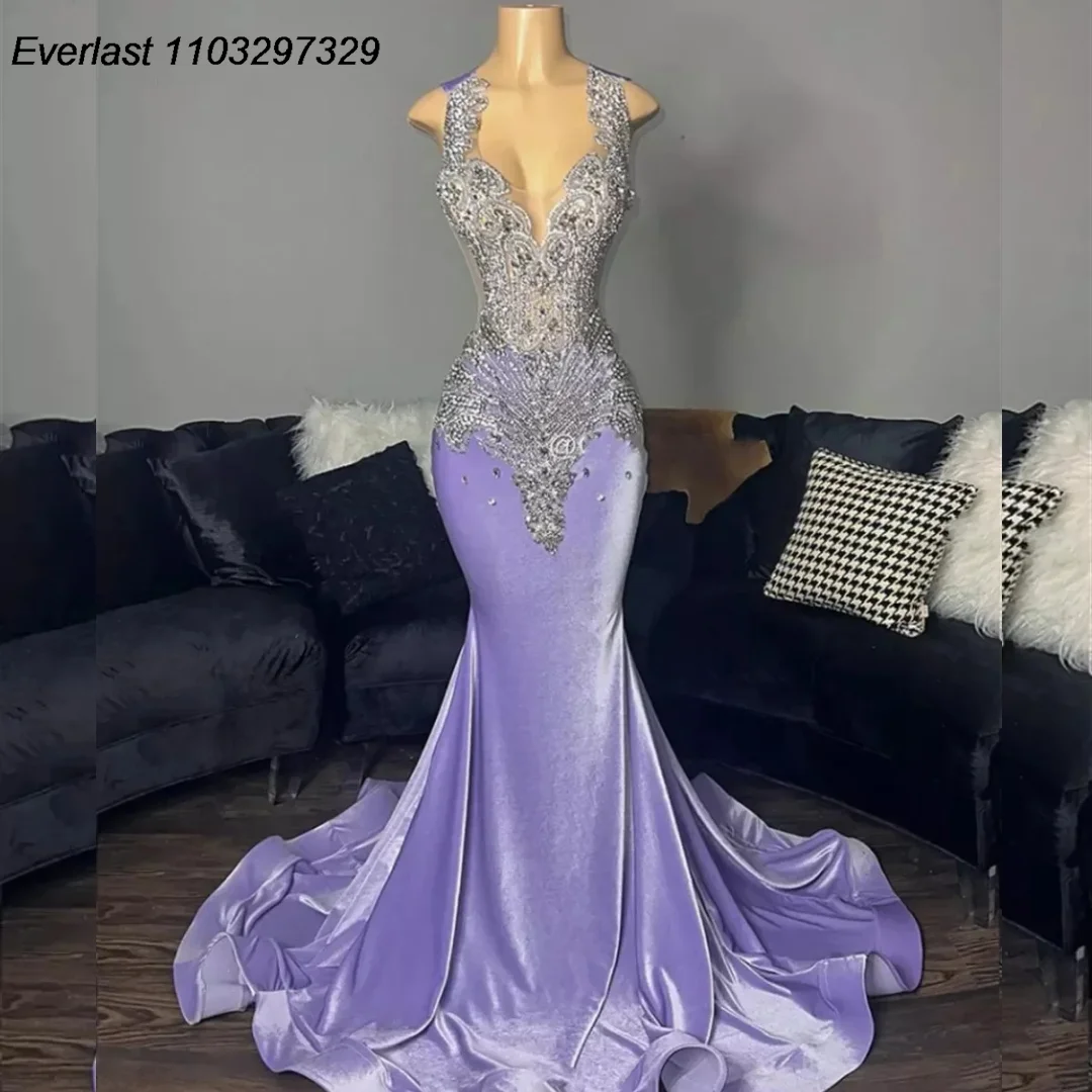 EVLAST Purple Velvet Mermiad Prom Dress 2024 For Black Girls Silver Crystals Beaded Birthday Party Gowns Robe De Soiree TPD40