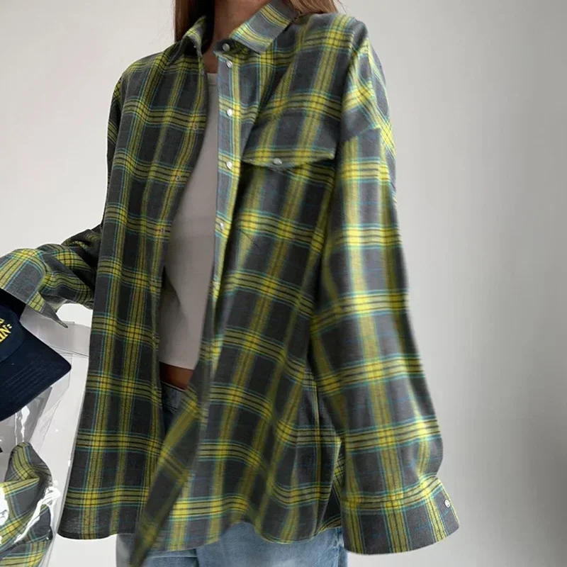 Oversized Plaid Shirt Autumn Winter Women Vintage Long Sleeve Fashion Loose Lapel Pocket Shirt Fit Blouse Korean Style 4