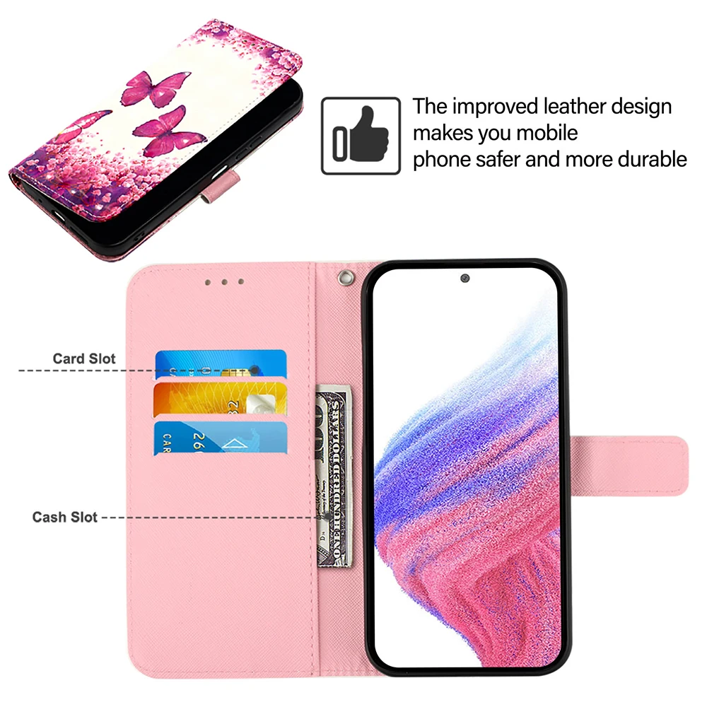 Cute Painted Leather Flip Case - Wallet Stand Cover with Card Holder and Strap