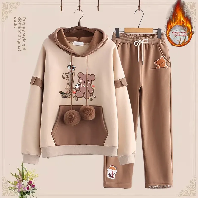 الخريف الشتاء الصوف مبطن سميكة Sweatshirtsuit 2 قطعة مجموعة ل 12-17 سنة المرأة لطيف الدب تصميم فستان كاجوال