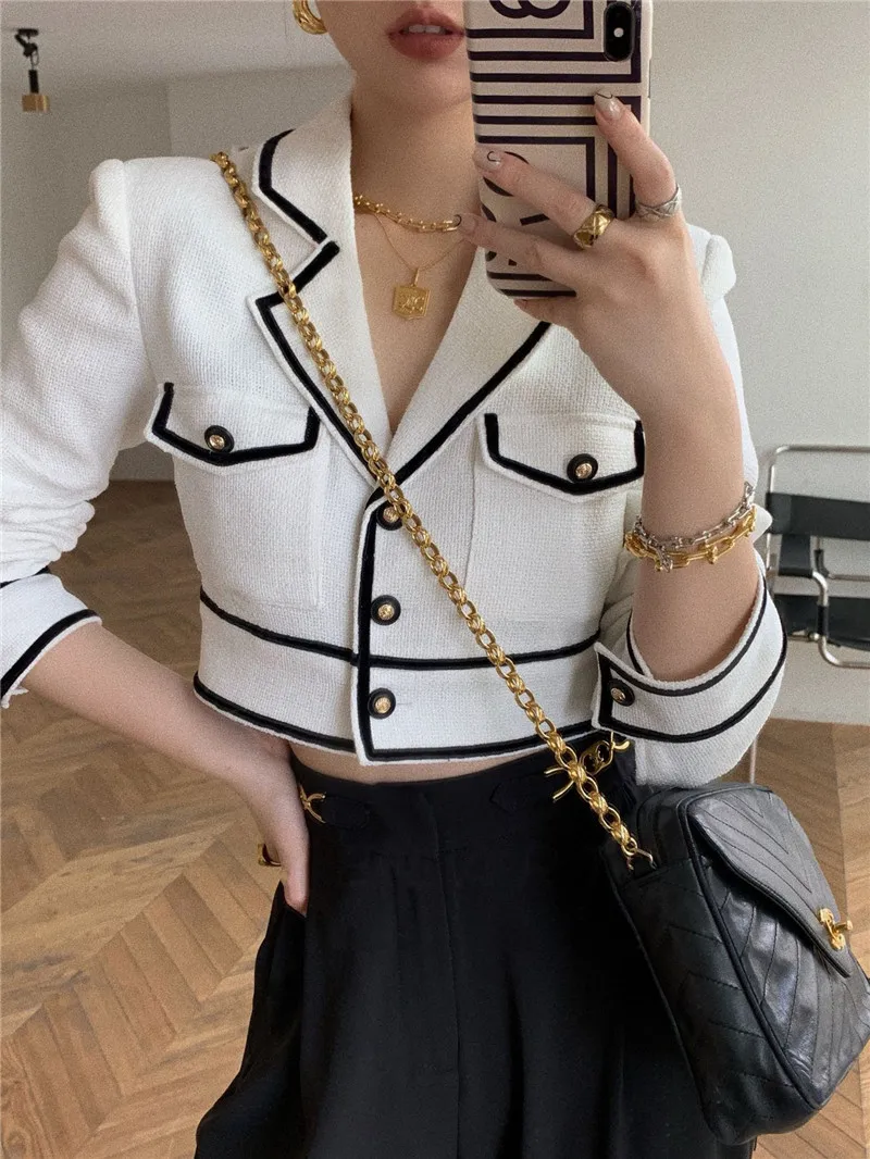 

Women's Slim Thin Jacket, Contrast Color Short Jackets, Single Breast Coat, Elegant Vintage Outwear, Spring Fall Black and White