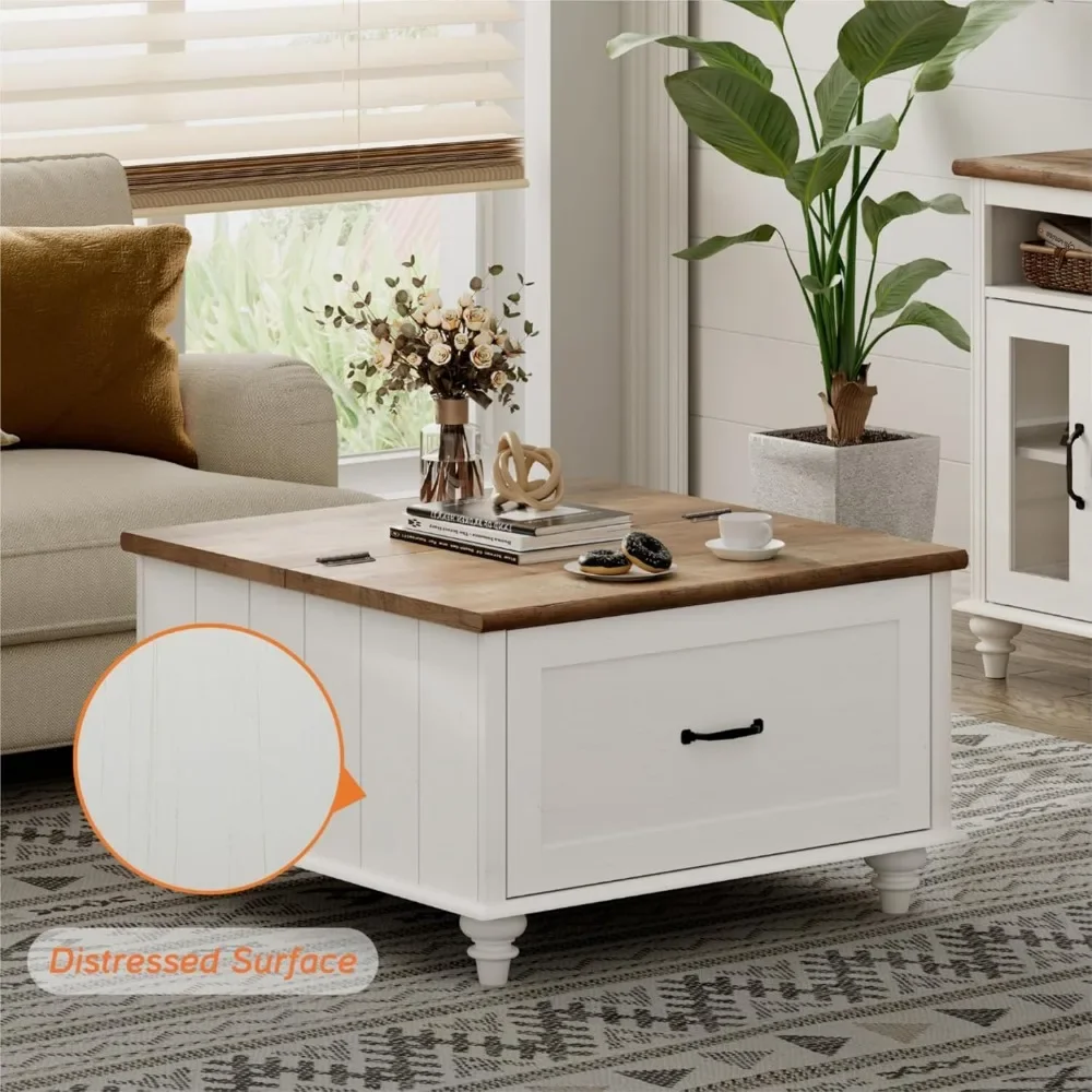 Farmhouse coffee table, square with adjustable top and living room drawers, wooden center table for home and office 5