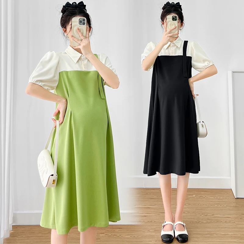

Summer Maternity Faux Two Pieces Set Block Color Turn-down Collar Short Sleeve Pregnant Woman A-Line Dress Preppy Style Clothes