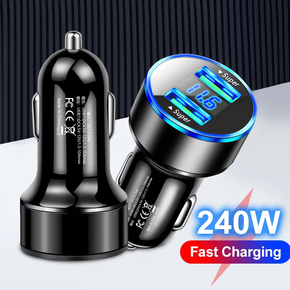 Car Charger Dual USB Ports 240W 120W Super Fast Charging Digital Display Quick Charging Adapter for IPhone Samsung Xiaomi