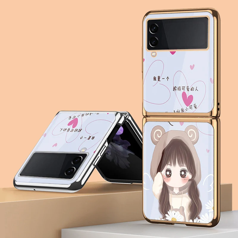 

Z Flip 4 Funda Case for Samsung Galaxy Z Flip 4 3 2 1 Cute Girl Plating Tempered Glass Coque Protection Phone Case Cover