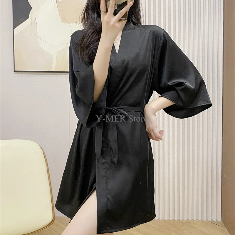 Women Solid Color Robe Satin Bridal Wedding Kimono Bathrobe Gown Short Sleewear Female Rayon Loungewear Intimate Lingerie women dress,women sleepwear,bride robes,silk robe