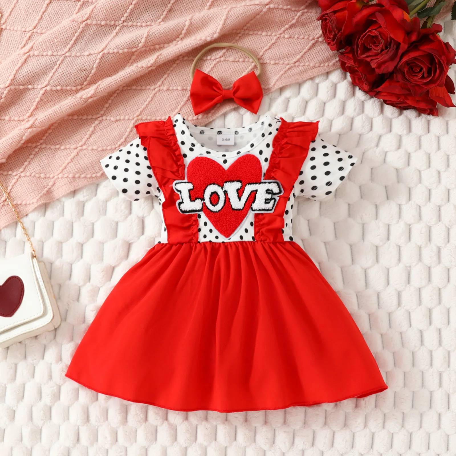 

2024 Baby Girls Clothes Baby Newborn Gift Valentine's Day Love Love Polka Dot Top Puffy One-piece Dress