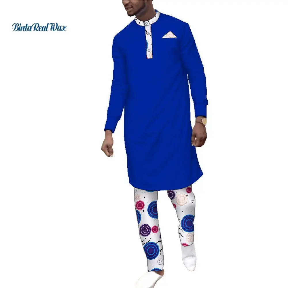

Повседневная африканская одежда Дашики, топы и брюки, Мужская африканская одежда, базин богатый 2 предмета, Длинные рубашки и брюки, комплекты WYN545