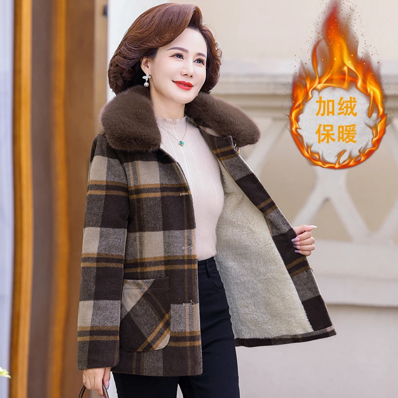 

Mom Wear Cotton-Padded Plaid Coat Middle-Aged Elderly Winter Fur Collar Clothes Women Parkas Thick Warm Velvet Quilted Jacket