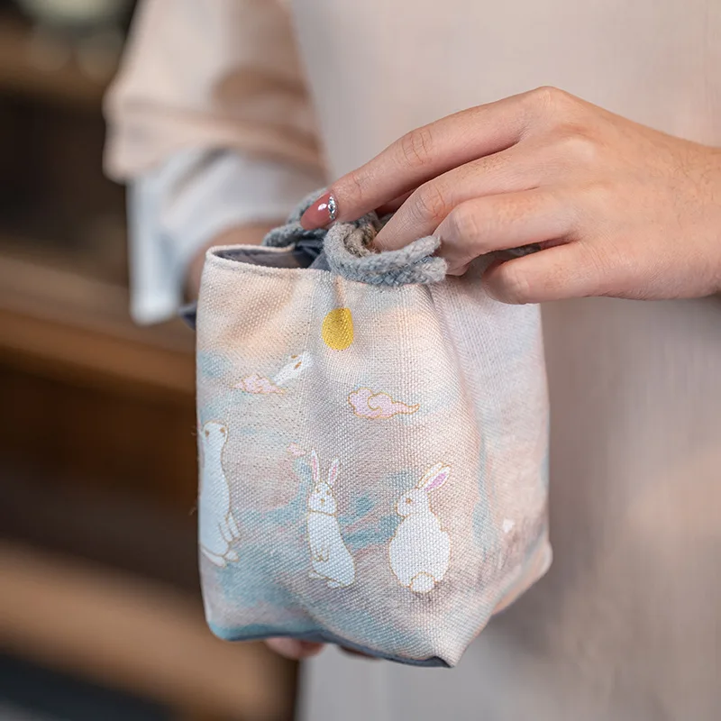 Cotton Linen Bag Teapot Bag Chinese Style Cup Printed Rabbit Portable Tea Set Cloth Tea Set Storage Cup ZD41