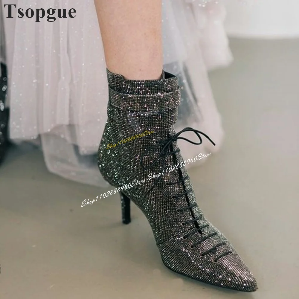 

Sparkling Cross Tied Black Buckle Strap Ankle Boots Thin High Heel Women Shoes Back Zipper Pointed Toe 2024 Zapatos Para Mujere