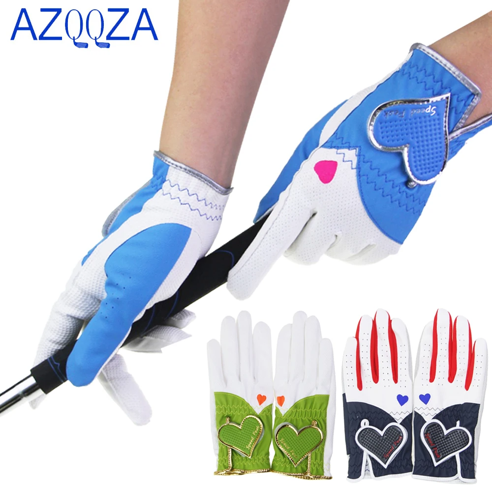 1 Pair Golf Gloves Women Left and Right Hand Genuine Leather Lycra Non-Slip Fabric Breathable Heart style Soft Sports Gloves
