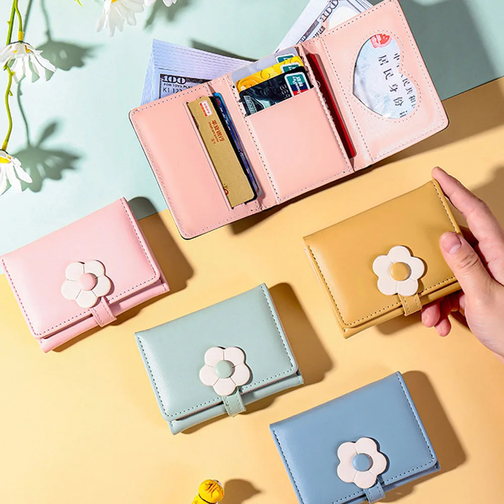 Girls Cute Small Wallet Women'S Three Fold Wallet Cash Bag Flower Pu Leather Printed Card Coin Wallet With Id Card Holder