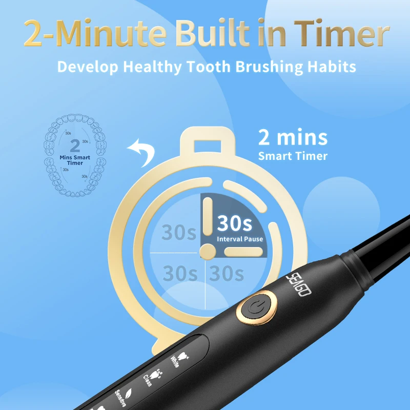 Sonic Electric Toothbrush Rechargeable 5 Modes Oral Clean Soft Bristle Brush Heads
