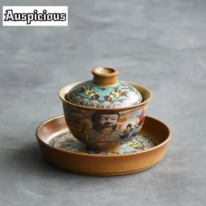 165ml Dunhuang Mural Sancai Gaiwan Creative Buddha Cover Bowl Luxury Tea Tureen Tea Brewing Chinese Teaware Set Collection Gift