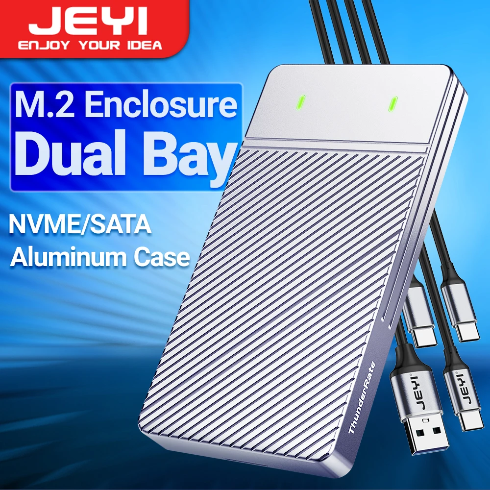 Jeyi-dual Bay M.2 Nvme Sata Ssd Enclosure Usb 3.2 Gen 10gbps Estojo de Alumínio para M.2 Pcie 2280 60 43 30 Ssd Suporte Uasp Trim
