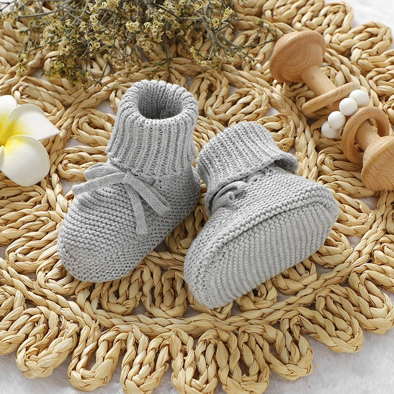 Infant Baby Shoes Knit Cotton Boys Girl Boots Fashion Tie Solid Newborn Walk Bed Footwear Toddler Kid Clothing Accessories 0-18M Casual Shoes