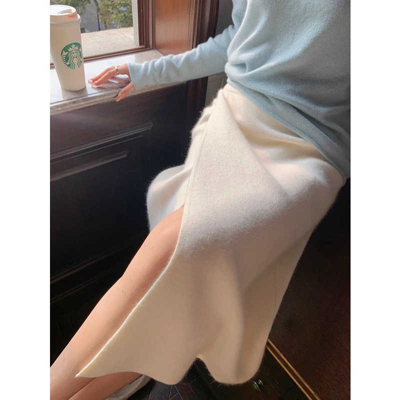 여성아바야 여성용 빈티지 슬릿 니트 미디 스커트, 우아한 스웨터, 트럼펫 스커트, 한국 하이웨이스트 스플릿 바디콘, 인어 스커트, 가을 겨울