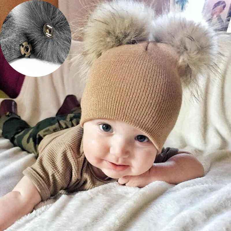 

Cute Baby Kids Winter Hat Knitted Warm Double Fur Pompom Caps Beanies Boys Girls Pom Pom Hats Children Solid Cap Bonnet