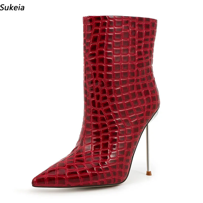 

Sukeia Women Winter Ankle Boots Pointed Toe Sexy Metal Stiletto Heels Zipper Pretty Red Banquet Shoes Ladies US Size 5-13