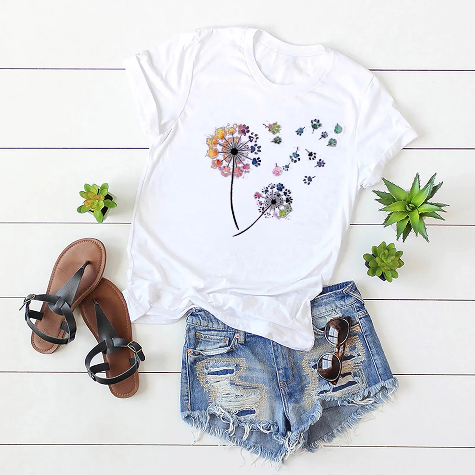 

Women T-Shirt Round Neck Short Sleeve Tee Tops Fashion Blouse Casual Floral Printing Vintage Shirts & Blusas