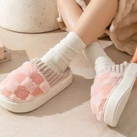 Fashion Couple Winter Slides Warm Plaid Fluffy Slippers Soft Sole Flip Flops For Women And Men Home Indoor Non-slip Cotton Shoes - Image 4
