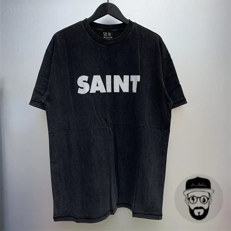 

Free Shipping Street Saint Michael T-shirt Washed Old Cotton Classic Letter Print Short Sleeve Vintage Loose Men Women Tshirts